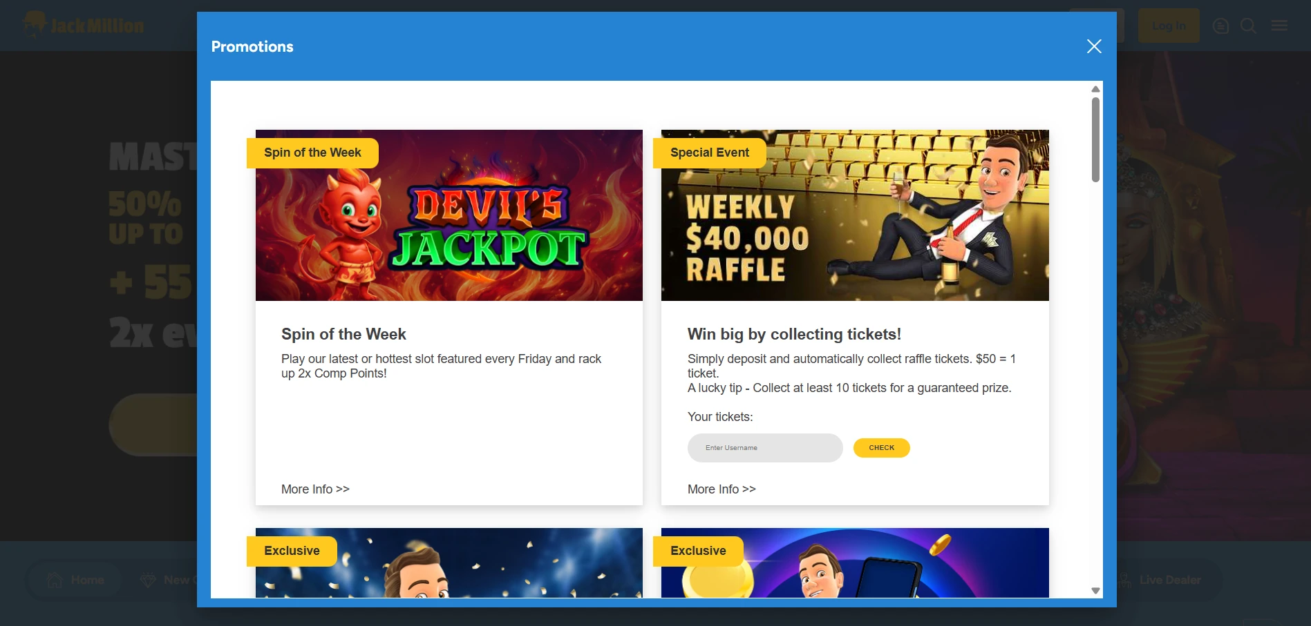JackMillion bonus page with the current welcome promotion