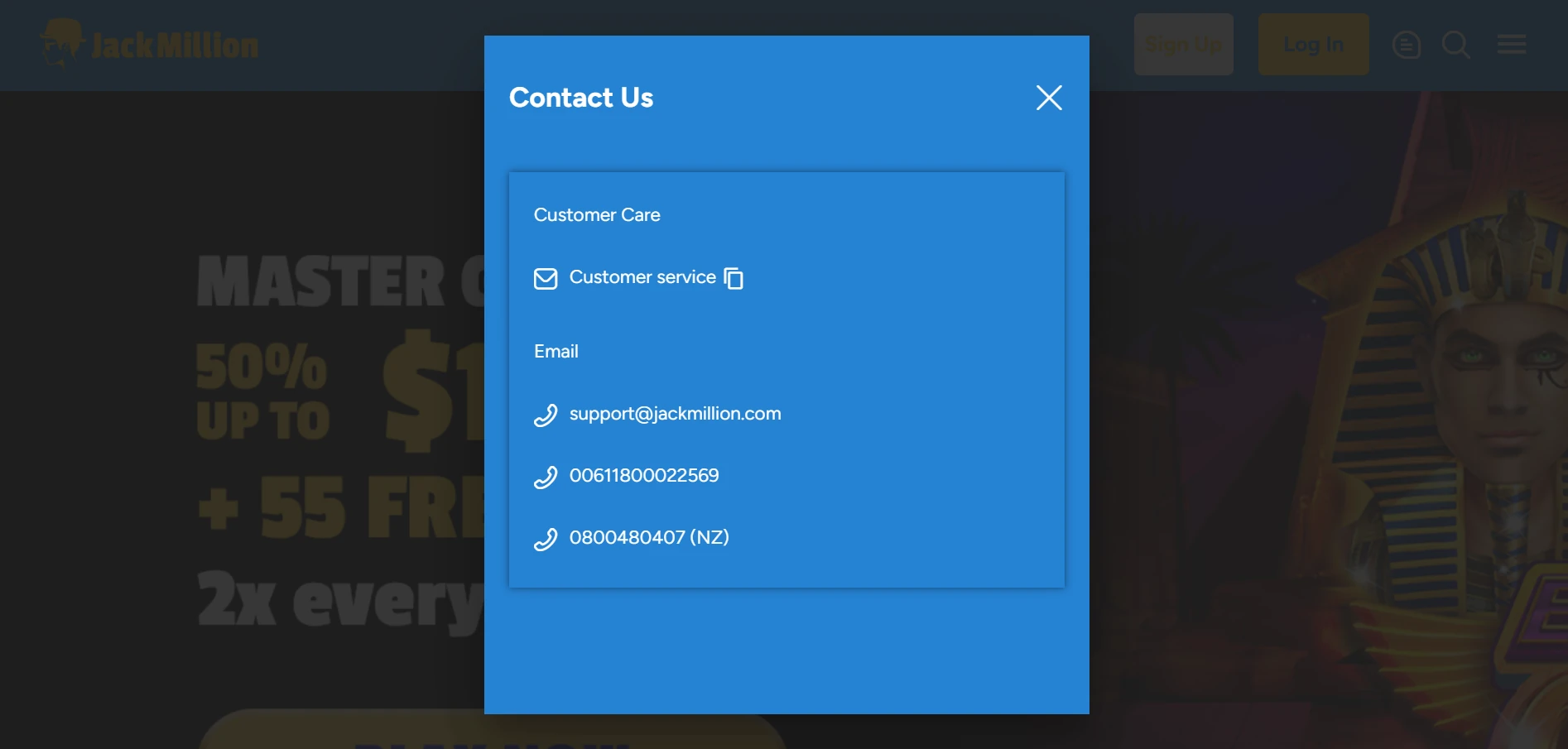 JackMillion support options with live chat