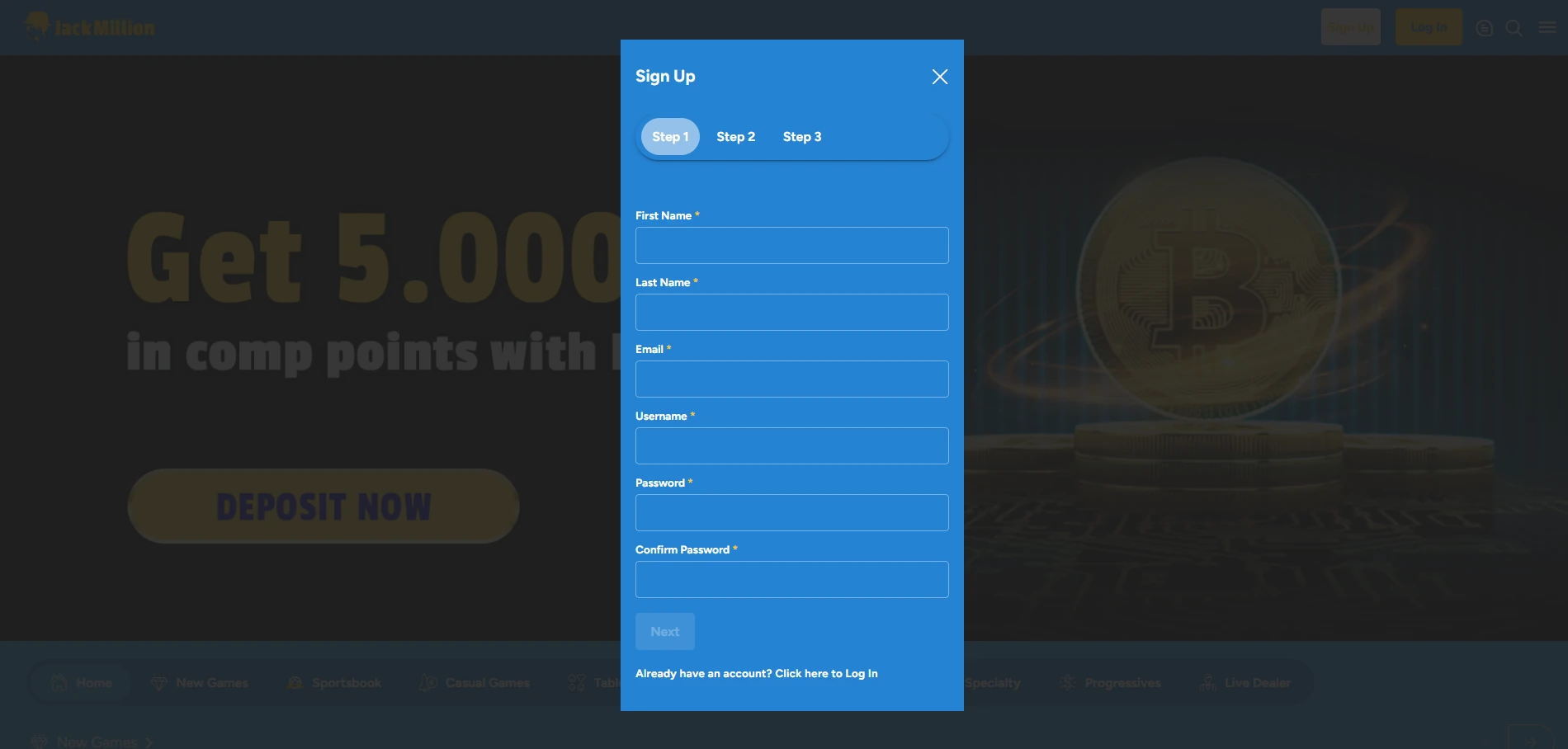 JackMillion registration form